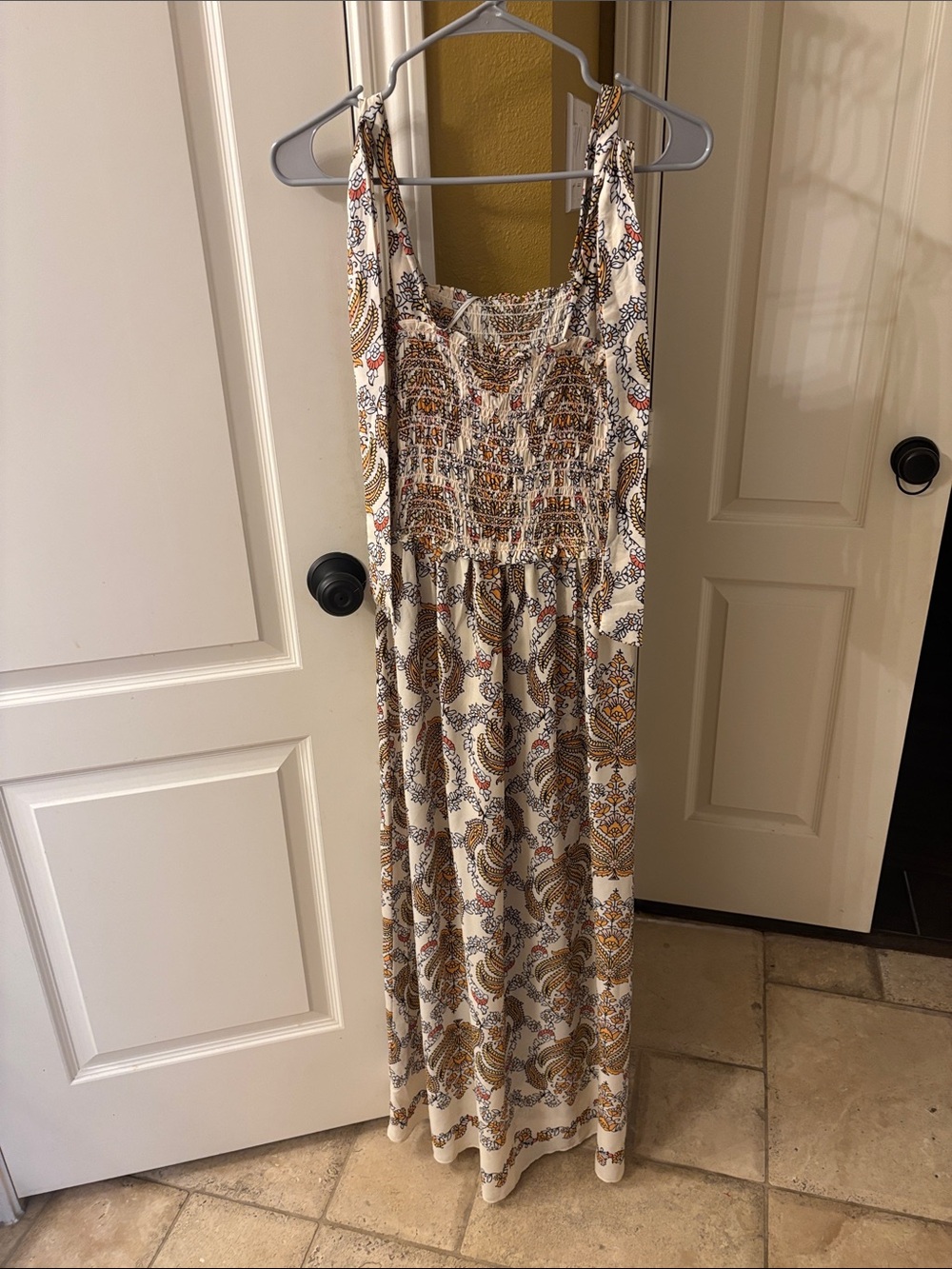 Max Studio White Maxi Dress with Mustard Brown Paisley Print - M
